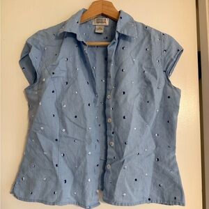 Vintage Kim Rogers 100% Linen Embroidered Cap Sleeve Blue Button Up Blouse